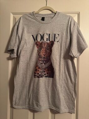 Vogue Gray Tee with Jeweled Leopard Graphic